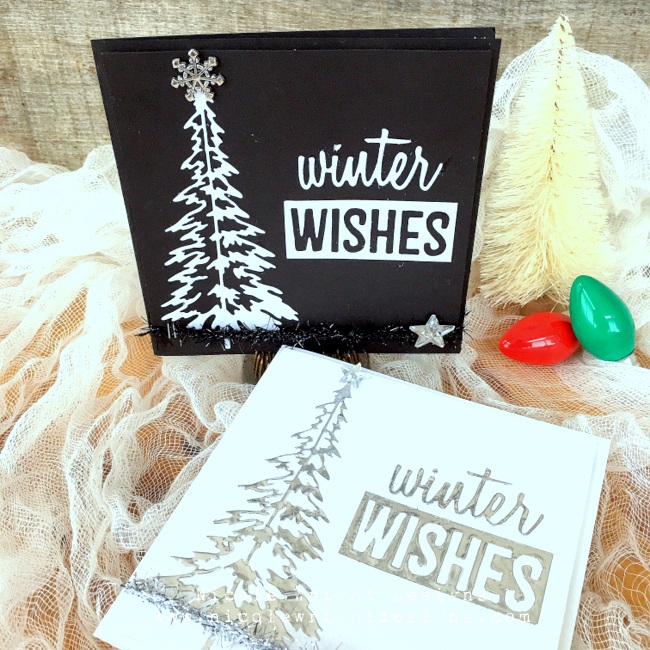 Nicole Wright, Ranger, Sizzix, Scrapbook Adhesives by 3L, Tombow, Foil Transfer, Christmas, Christmas Cards, diy cards, foil cards, tree die cuts, winter sentiments die cuts, black and white cards, winter wishes, handmade cards, Creative Scrapbooker Magazine, csmscrapbooker, Tombow