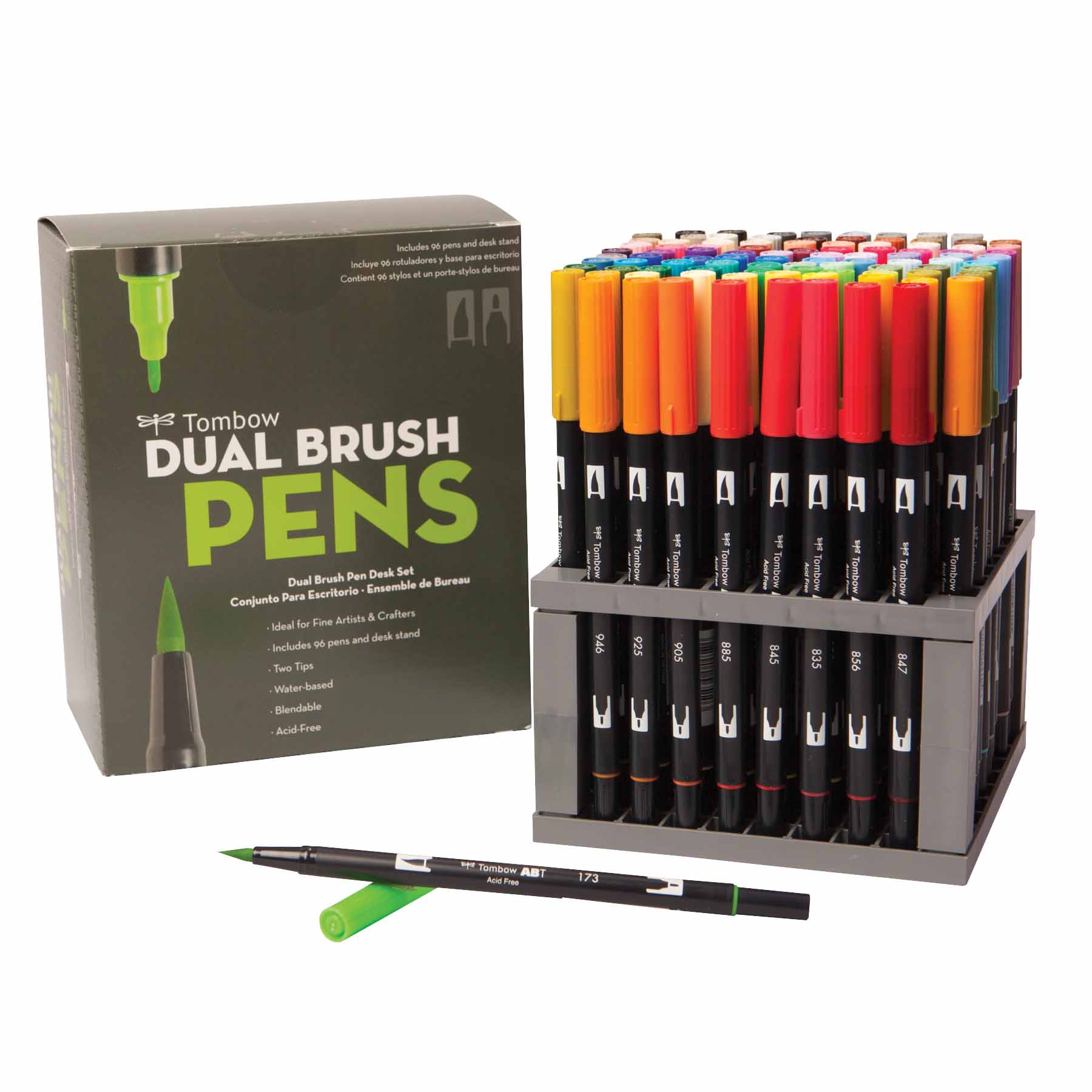The complete collection of Tombow Dual Brush pens along with stand.
