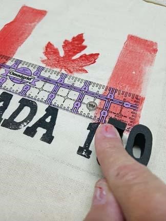 Gel Press monoprinting the canadian flag using ArtFoamies