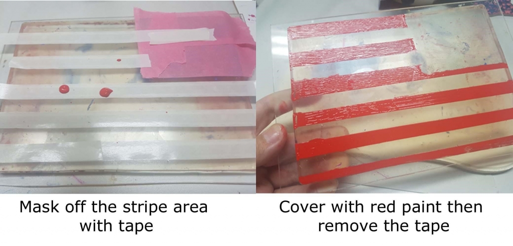 Gel Press monoprinting the American flag using ArtFoamies. Mask off the corner of the gel plate