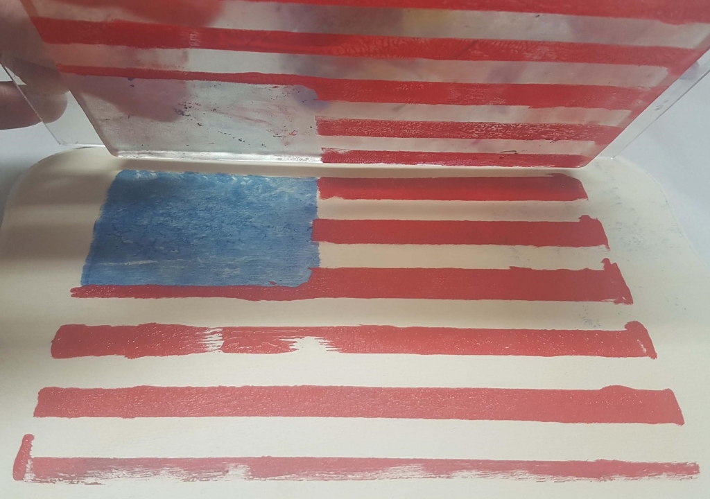 Gel Press monoprinting the American flag using ArtFoamies.