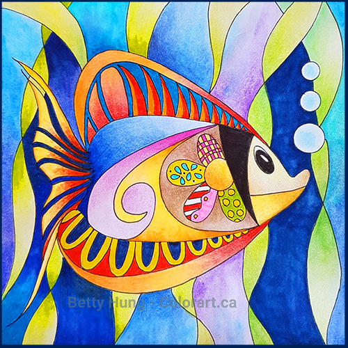 @csmscrapbooker A picture of a fish drawn by Betty Hung. Colored with Stabilo pencils for Creative Scrapbooker Magazine. A beautiful coloring project.