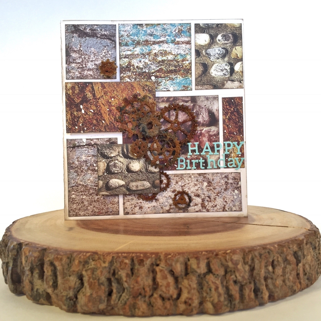Happy Birthday card designed by Kerry Engel based on a sketch in a photo collage style with a rustic feel. card embellished with rusty gears.