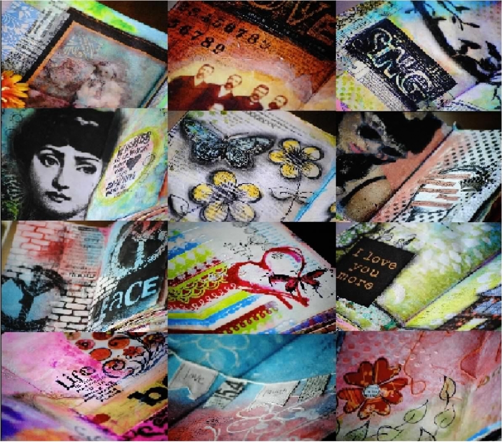 Collage of art journal images designed by Christy Riopel