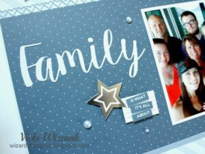Close up of the word FAMILY on a scrapbook layout featuring the Close To My Heart Basic Fundamentals collection.