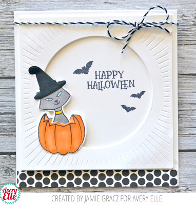 Happy Halloween card designed by Jamie Gracz featuring Avery Elle Halloween themed stamps with a cat in a pumpkin.