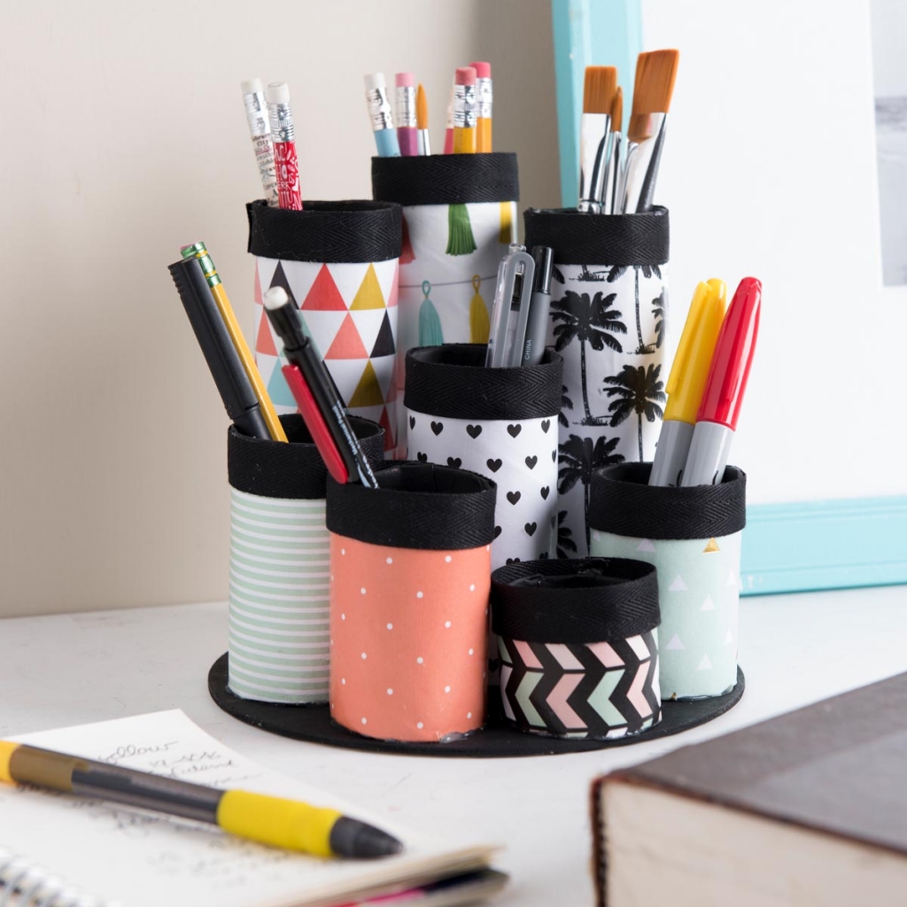 Altered desk organizer made out of paper towel cardboad rolls for holding pens, paintbrushes etc featuring Plaid products.