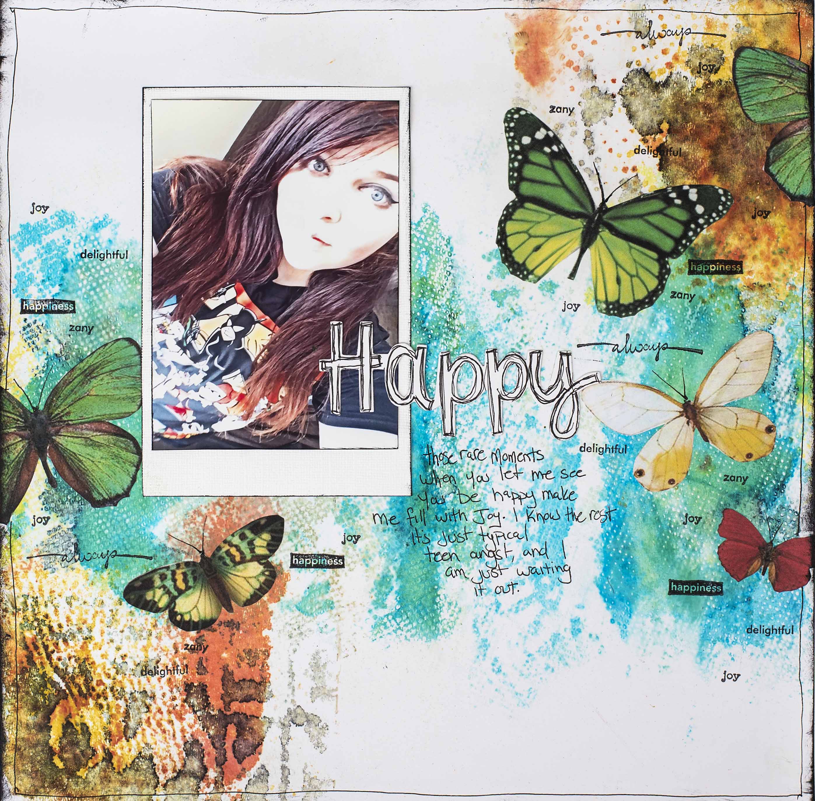 Scrapbook 12X12 layout designed by Christy Riopel featuring Ranger Dylusions spray ink.