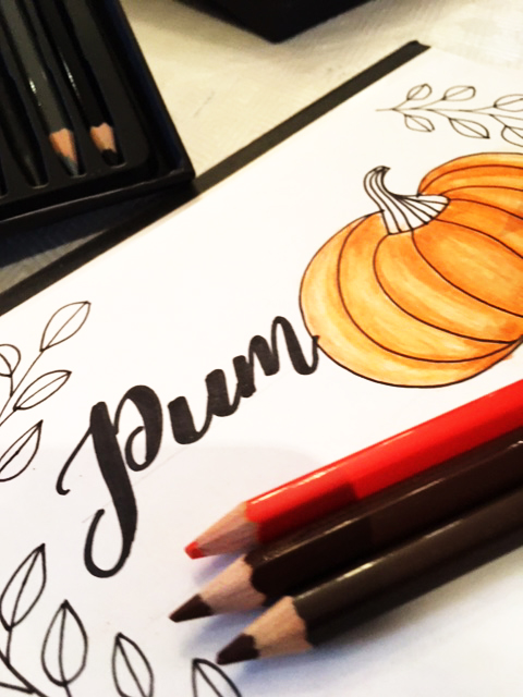 Creative Scrapbooker Magazine features Kelly Klapstein Kelly Creates and Chameleon Pens, Colouring, Pumpkin Fall Home Decor, Pumpkin Spice Handlettered Lettering project