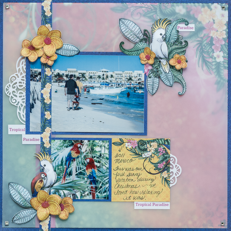 12x12 layout using Heartfelt Creations' Tropical Paradise collection / co-ordinating papers, stamps and dies