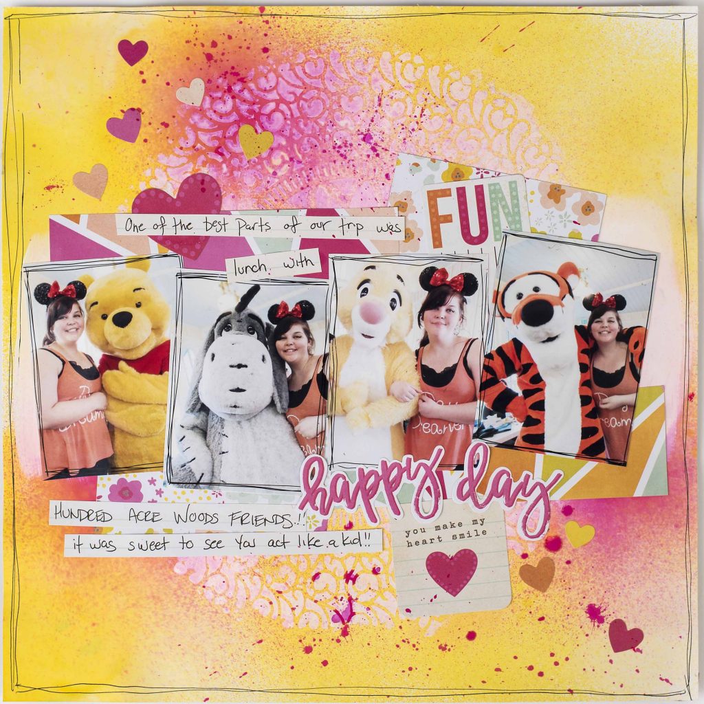 Scrapbook layout designed by Christy Riopel featuring a resist technique. | Creative Scrapbooker Magazine