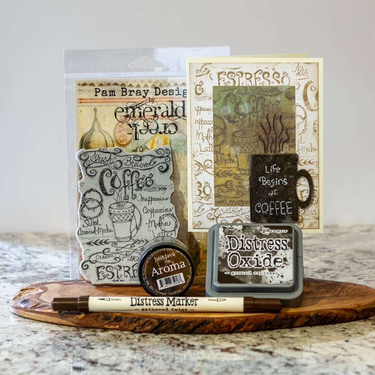 Coffee card using Ranger inks and Stamp & embossing powder form Emerald Creek / Scented embossing powders 