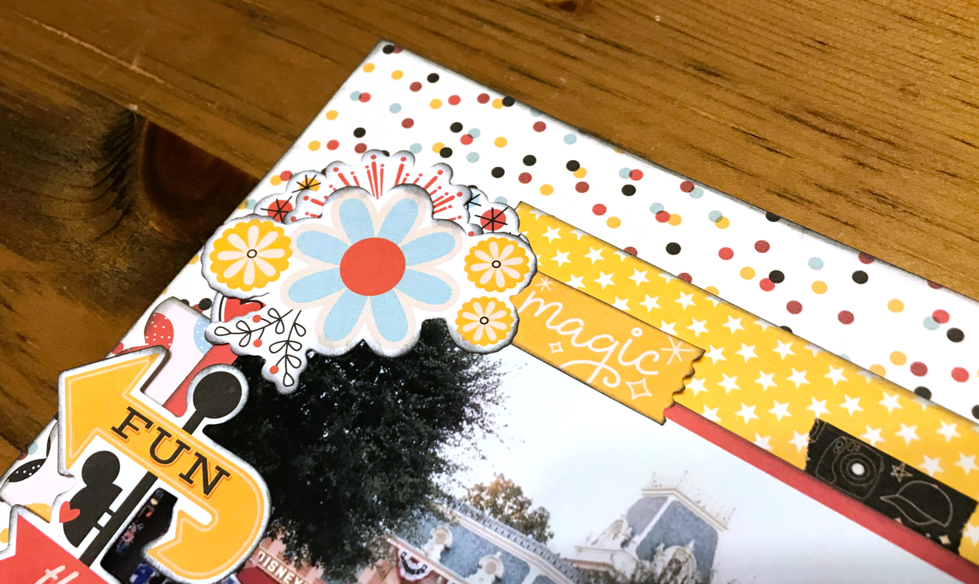 Details of Disney Themed Scrapbook Layout featuring Simple Stories designed by Katelyn Grosart