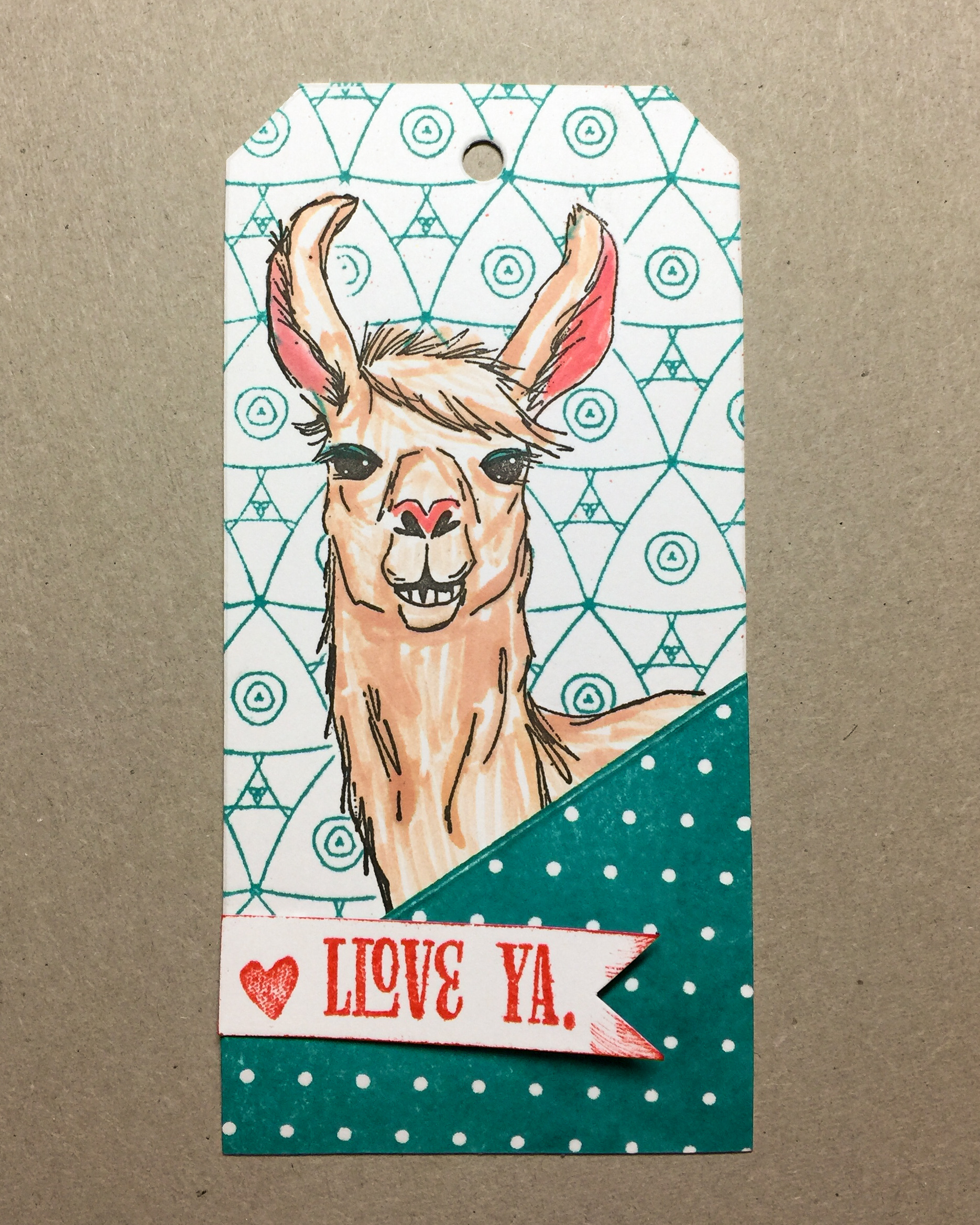 Llama Love tag / Impression Obsession stamps / Clearsnap Dyestress Inks / therm.o.web Gina K. Masking Magic