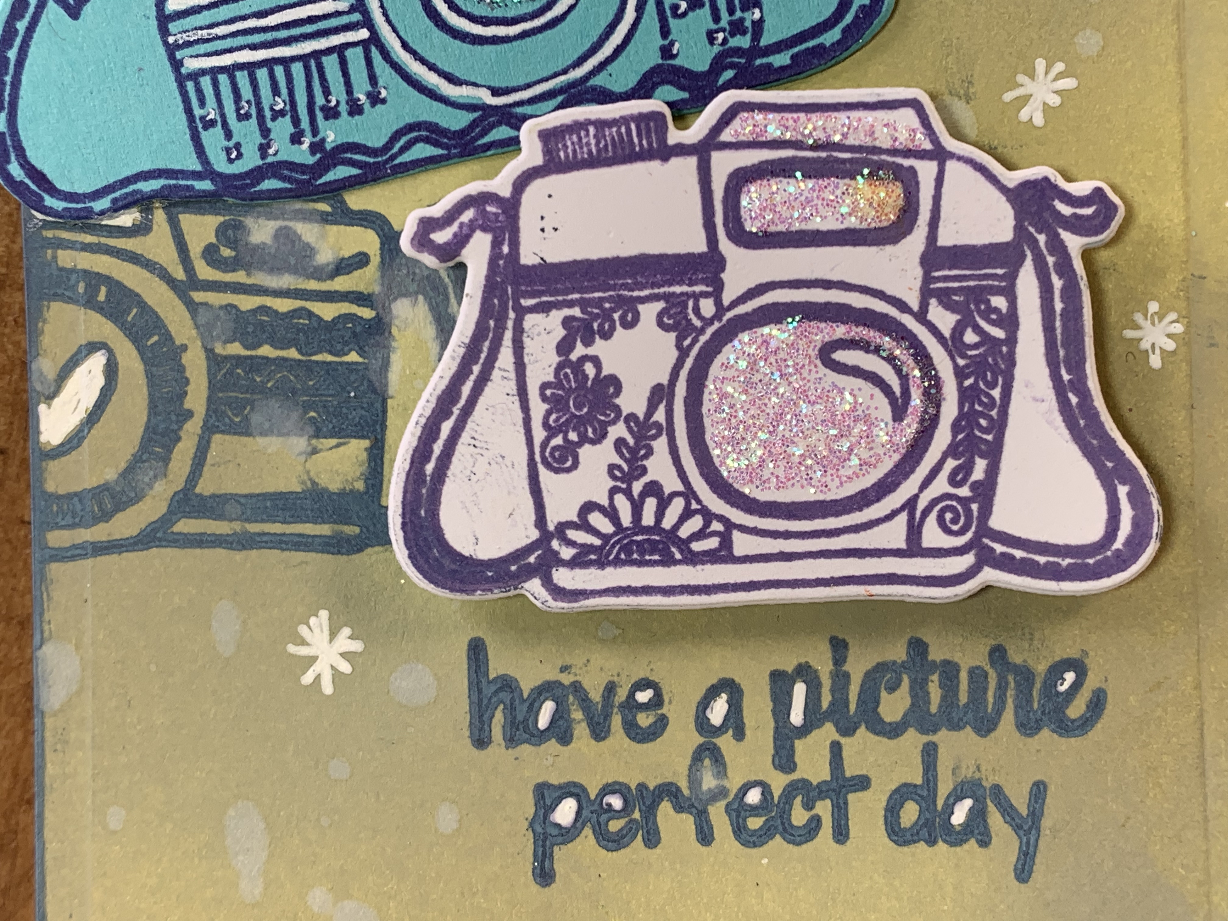 Detail of a scrapbook tag featuring the Candid Moments Stamp Set by Pink & Main
