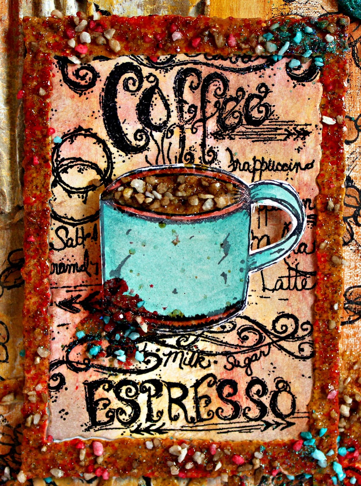 Coffee Mixed Media Canvas designed by Pam Bray featuring Emerald Creek Craft Supplies Rock Candy Embossing powder and Clearsnap ColorBox Blends ink