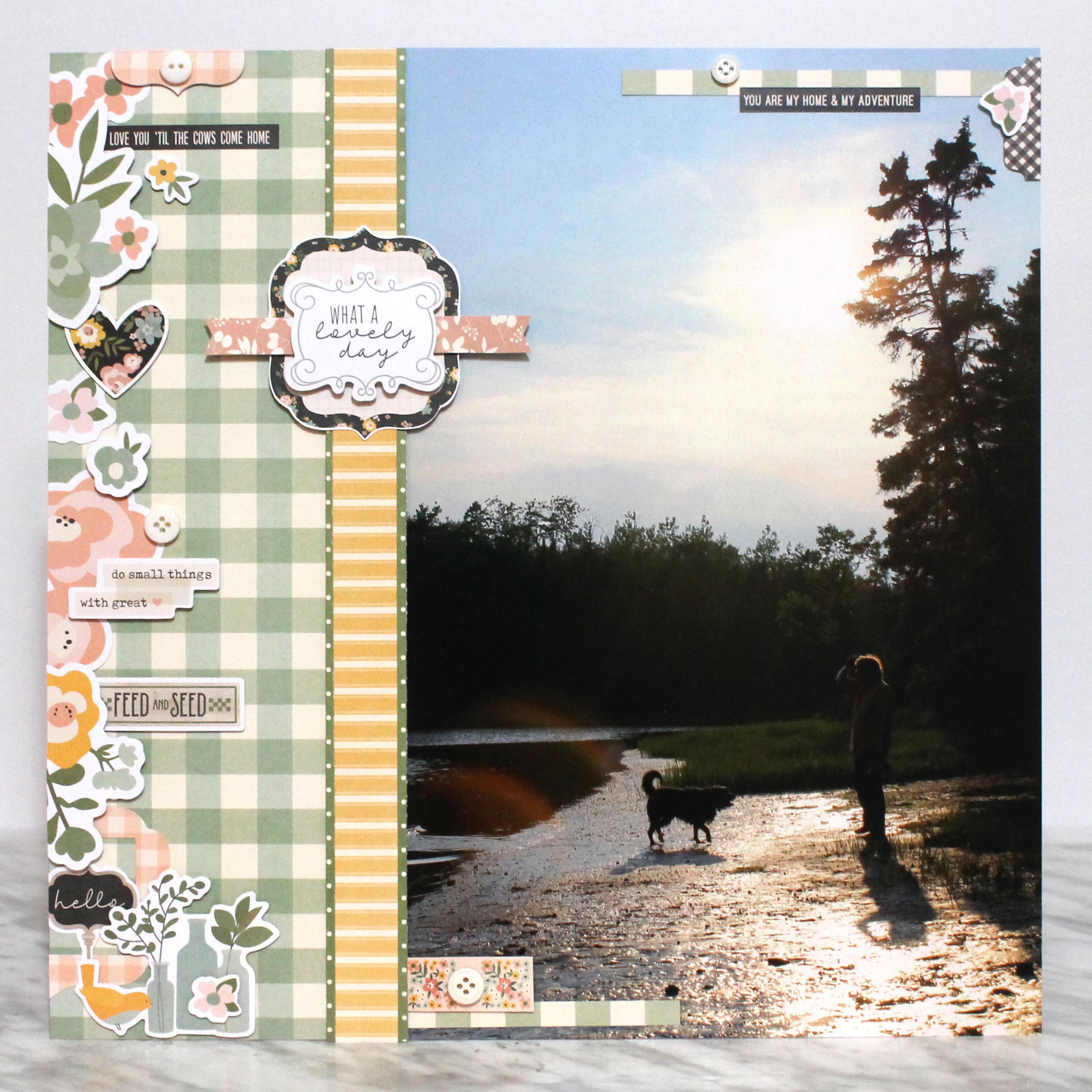 12X12 Scrapbook Layout featuring Simple Stories Spring Farmhouse paper and sticker collection.