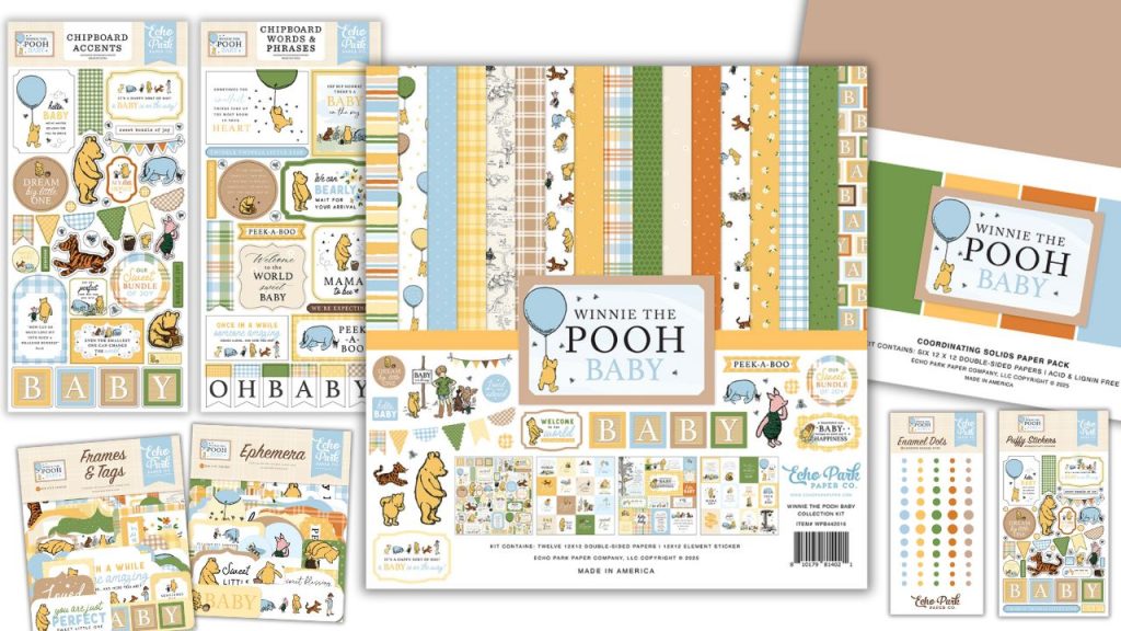 Echo Park Paper Co. Winnie the Pooh Baby Collection giveaway prize package including ephemera, frames & tags, 12x12 collection kit, coordinating solids paper pack, chipboard accents, chipboard phrases, enamel dots, and puffy stickers – featured by Creative Scrapbooker Magazine.