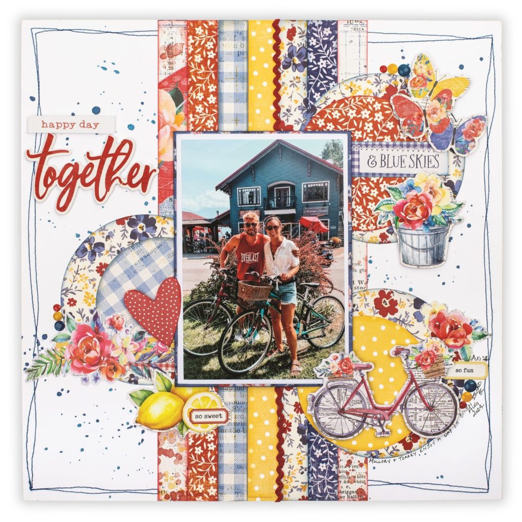 Simple Stories layout by Cindy Agar featuring the Simple Vintage Linen Market collection with florals, ginghams, and bicycles.