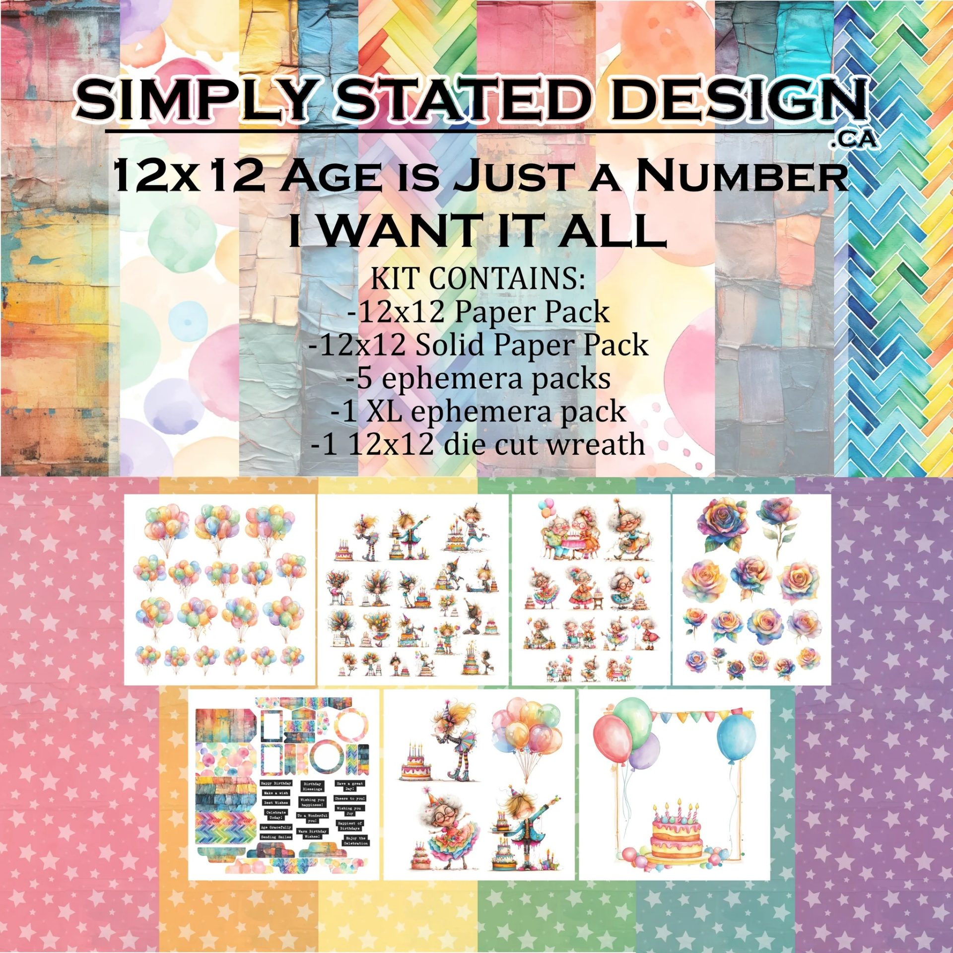 Simply Stated Design Age Is Just A Number I Want It All kit with patterned papers and ephemera for birthday gift tags.