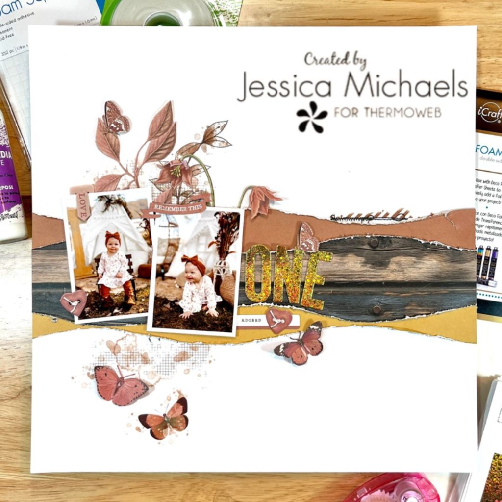 Scrapbook layout by Jessica Michaels featuring No Heat Foil technique with Therm O Web products.