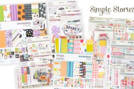 Simple Stories prize package giveaway featuring the Spooky Things and Fun Times collections, including patterned papers, stickers, chipboard, and embellishments.