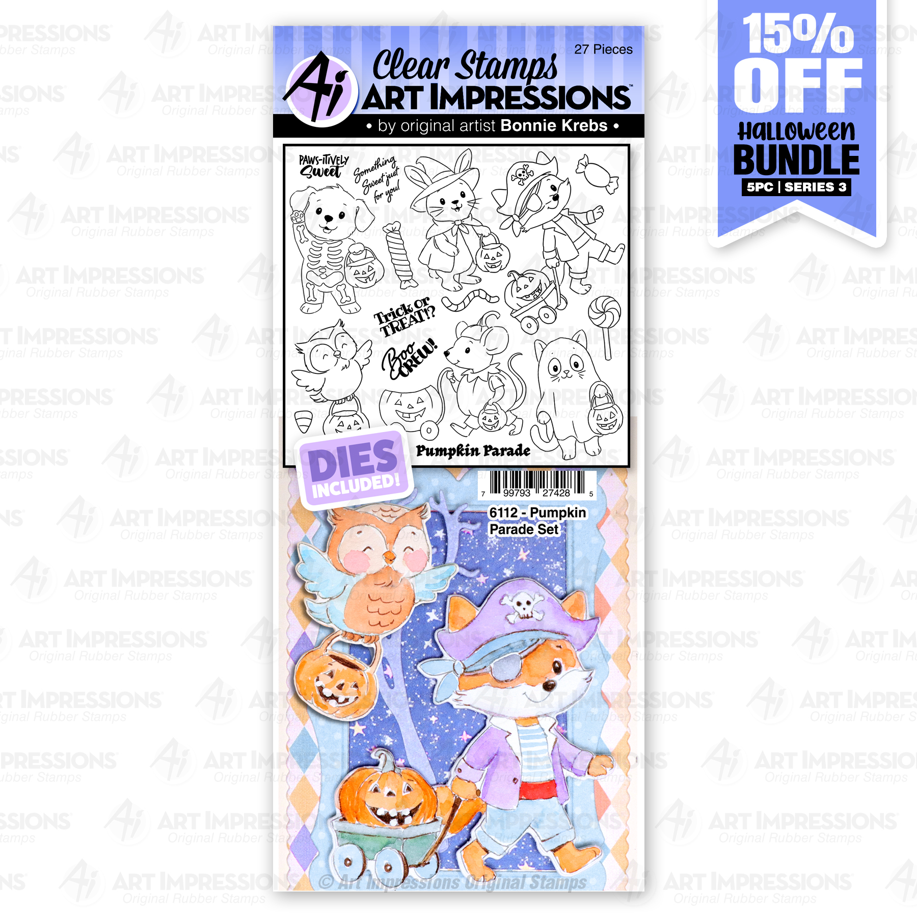 Art Impressions Pumpkin Parade Clear Stamp and Die Set featuring cute costumed critters for Halloween crafting.