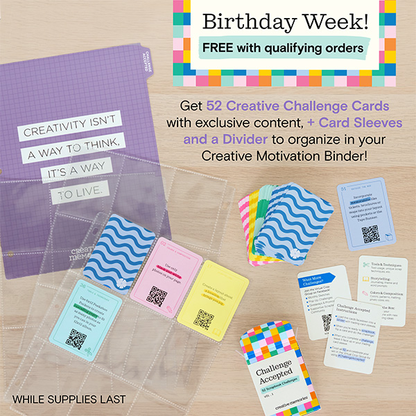 Creative Memories Birthday Week free gift bundle featuring the Challenge Accepted card deck, colorful 52 creative challenge cards with QR codes, divider, and card sleeves for the Creative Motivation Binder.