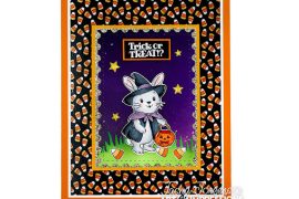 Halloween card designed by Tasha Jorgenson using the Art Impressions Pumpkin Parade Set, featuring a bunny in costume holding a pumpkin bucket.
