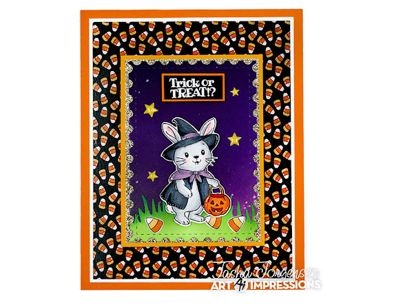 Halloween card designed by Tasha Jorgenson using the Art Impressions Pumpkin Parade Set, featuring a bunny in costume holding a pumpkin bucket.