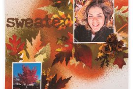 Finished masking fall leaves scrapbook layout designed by Nicole Wright featuring layered autumn leaves and Distress Spray Stains background.