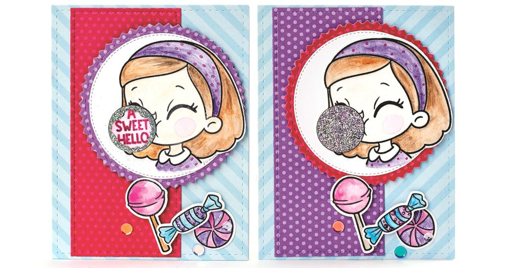 Two handmade interactive candy-themed cards created by Karla Yungwirth for Creative Scrapbooker Magazine’s Technique Tasters video, featuring a girl blowing bubblegum using Pink & Main stamps, dies, patterned paper, and glitter scratch-away stickers that reveal a hidden message saying “A Sweet Hello.