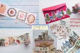 Serenity Fair $100 Gift Certificate Giveaway prize package featuring Extra Wide Washi Tapes, PET tapes, and illustrated playing cards.